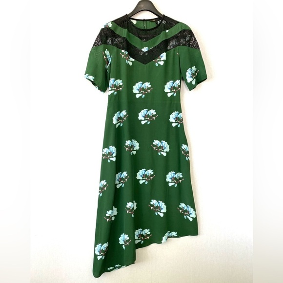 Maje Asymmetric Lace Trimmed Floral Print Silk Blend Dress - Picture 3 of 15